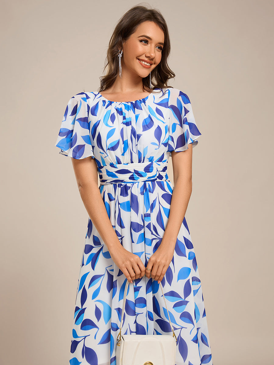 Flowy Chiffon Round Neckline A-Line Knee Length Wedding Guest Dress #color_Blue Floral