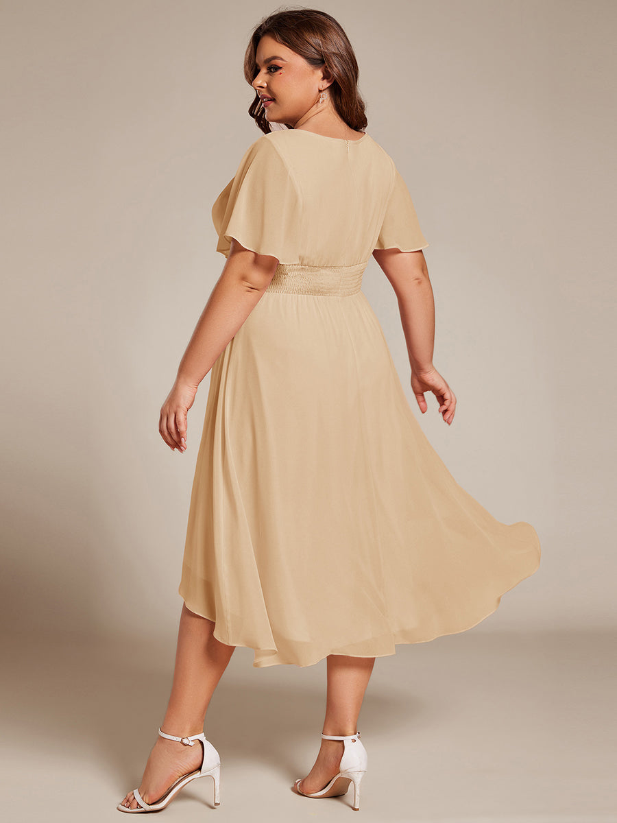 Plus Size Pleated Round Neckline A-Line Midi Chiffon Wedding Guest Dress #color_Champagne