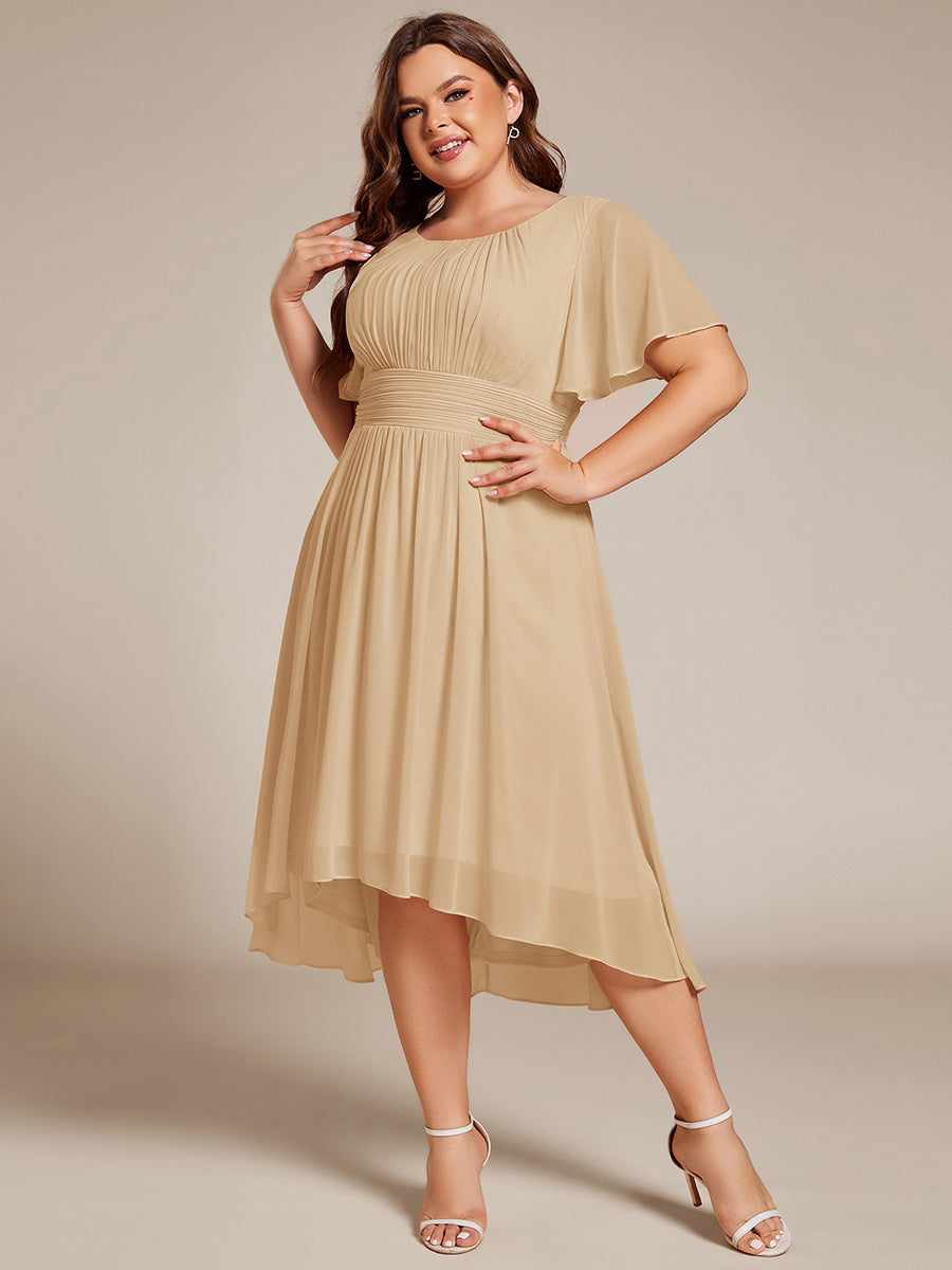 Plus Size Pleated Round Neckline A-Line Midi Chiffon Wedding Guest Dress #color_Champagne