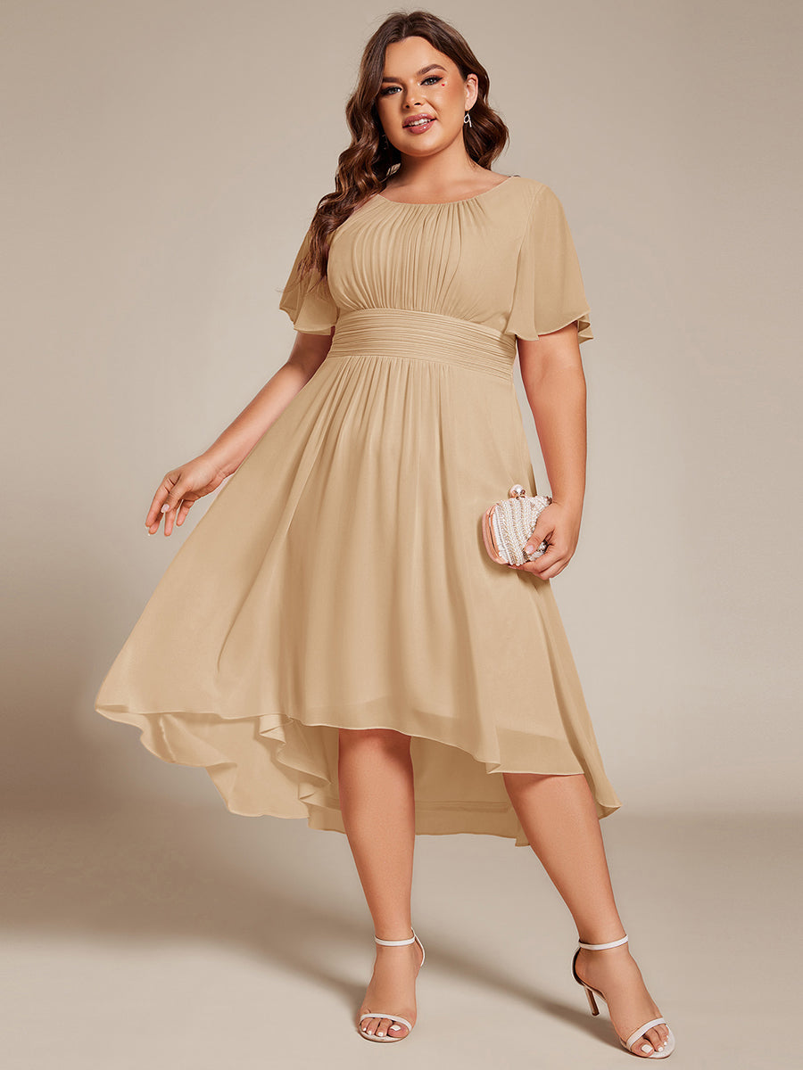 Plus Size Pleated Round Neckline A-Line Midi Chiffon Wedding Guest Dress #color_Champagne