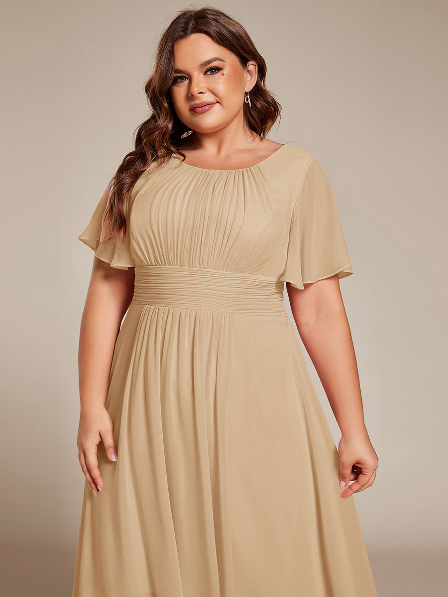 Plus Size Pleated Round Neckline A-Line Midi Chiffon Wedding Guest Dress #color_Champagne