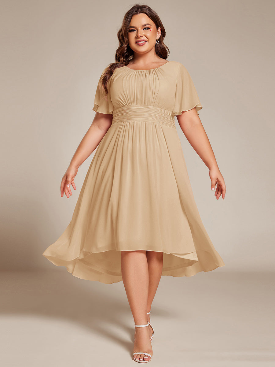 Plus Size Pleated Round Neckline A-Line Midi Chiffon Wedding Guest Dress #color_Champagne