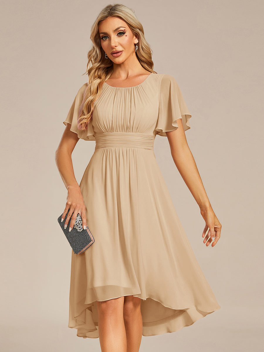 Flowy Chiffon Round Neckline A-Line Knee Length Wedding Guest Dress #color_Champagne