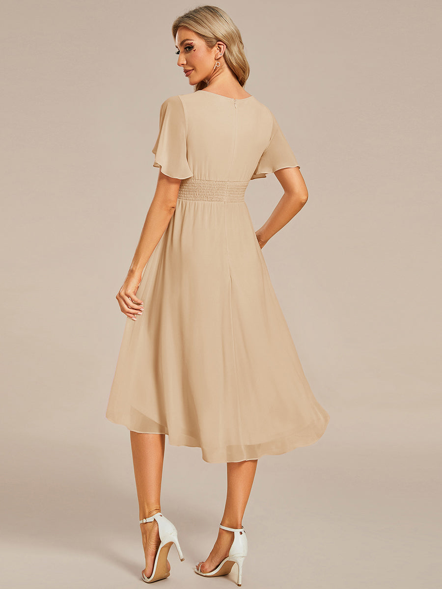 Flowy Chiffon Round Neckline A-Line Knee Length Wedding Guest Dress #color_Champagne