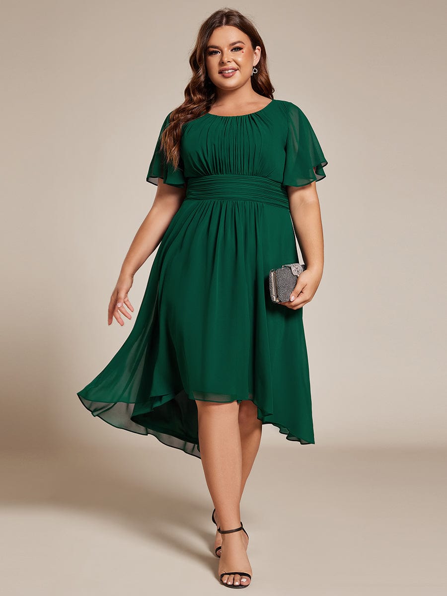 Plus Size Pleated Round Neckline A-Line Midi Chiffon Wedding Guest Dress #color_Dark Green