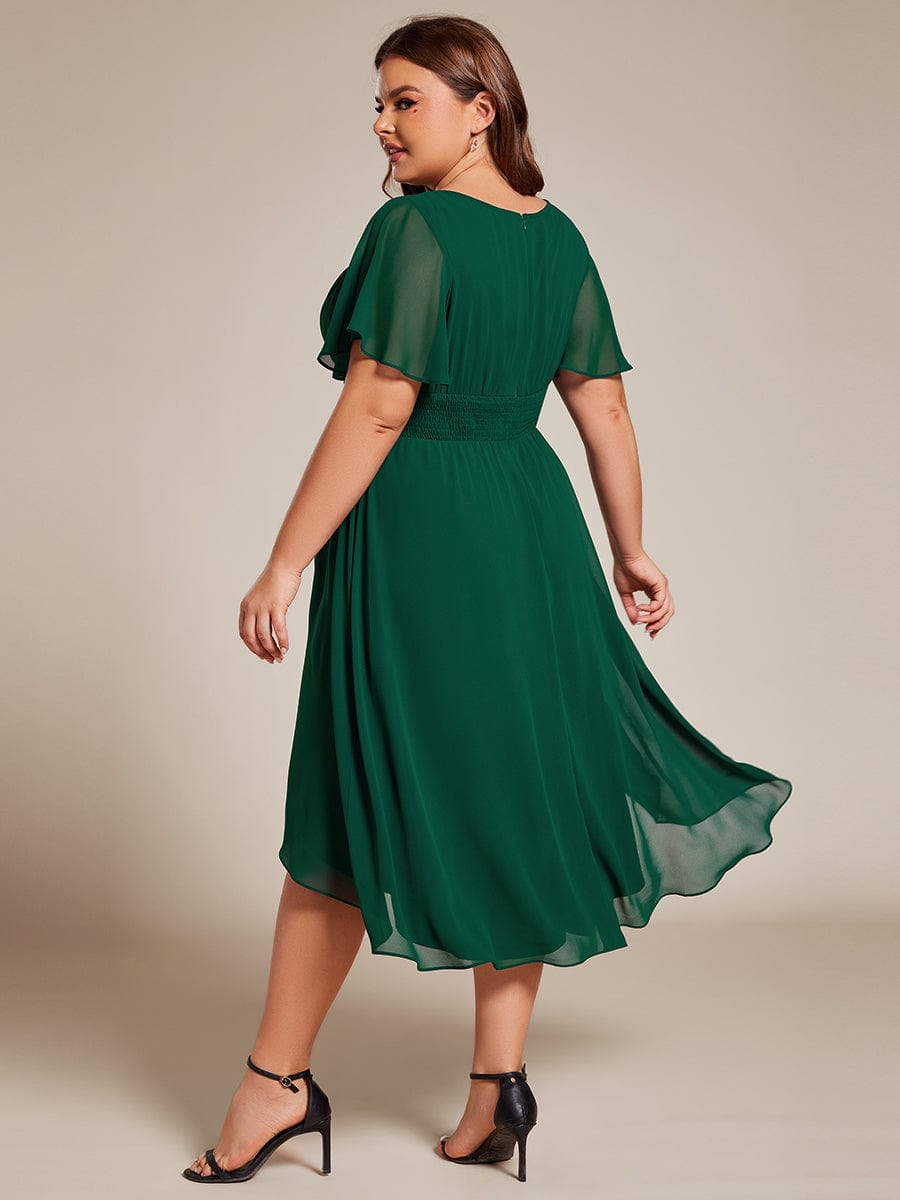 Plus Size Pleated Round Neckline A-Line Midi Chiffon Wedding Guest Dress #color_Dark Green