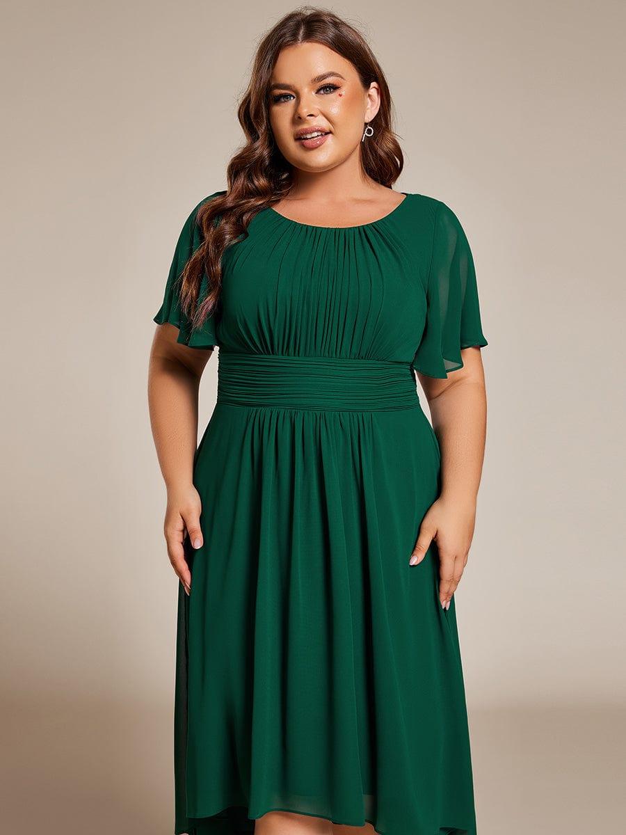 Flowy Chiffon Round Neckline A-Line Knee Length Bridesmaid Dress #color_Dark Green