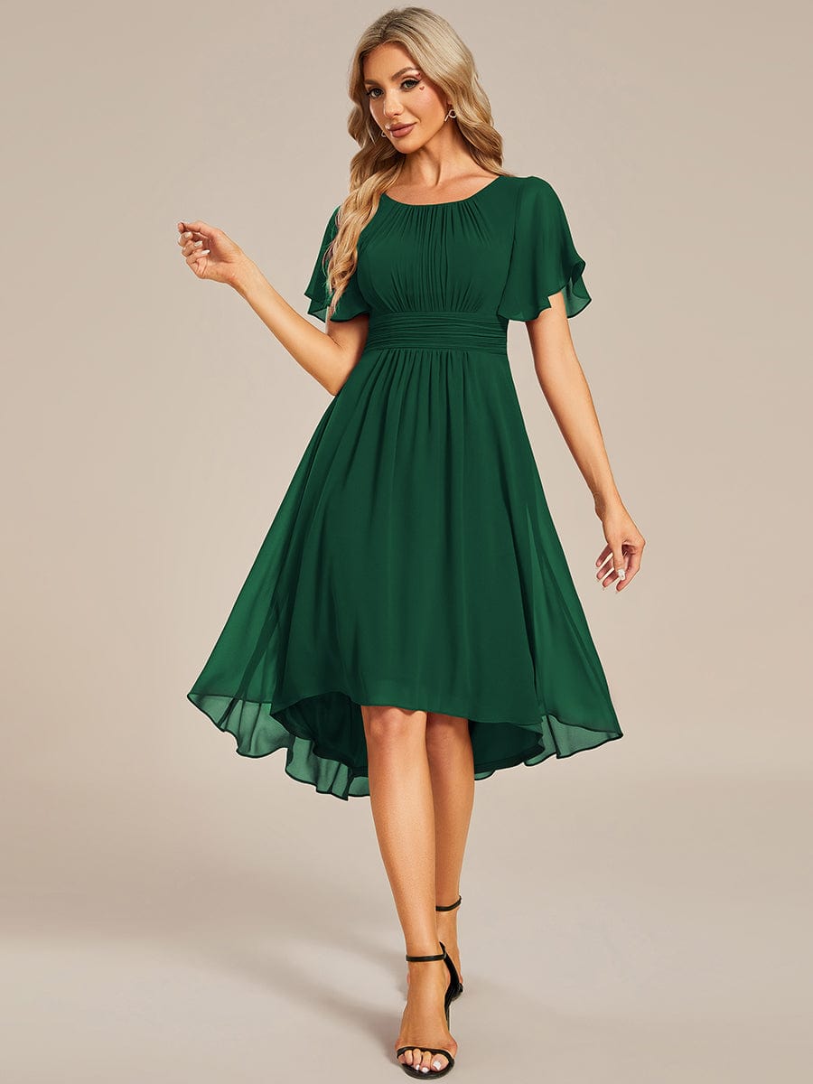 Flowy Chiffon Round Neckline A-Line Knee Length Wedding Guest Dress #color_Dark Green