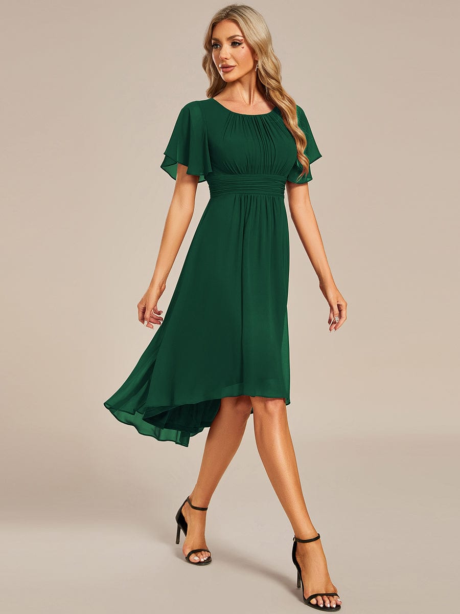 Flowy Chiffon Round Neckline A-Line Knee Length Wedding Guest Dress #color_Dark Green