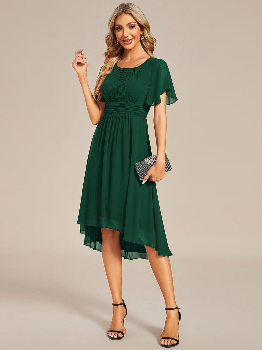 Flowy Chiffon Round Neckline A-Line Knee Length Bridesmaid Dress #color_Dark Green