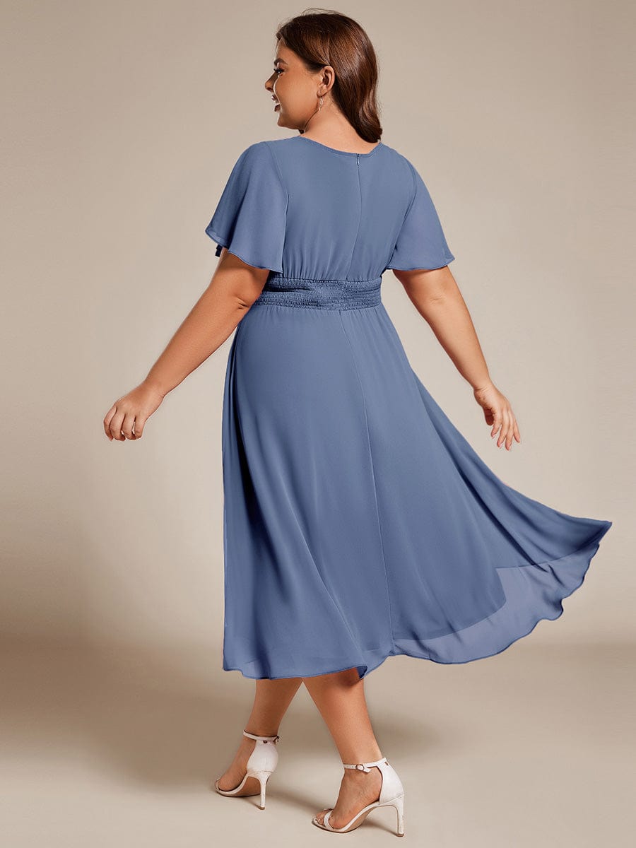 Plus Size Pleated Round Neckline A-Line Midi Chiffon Wedding Guest Dress #color_Dusty Blue