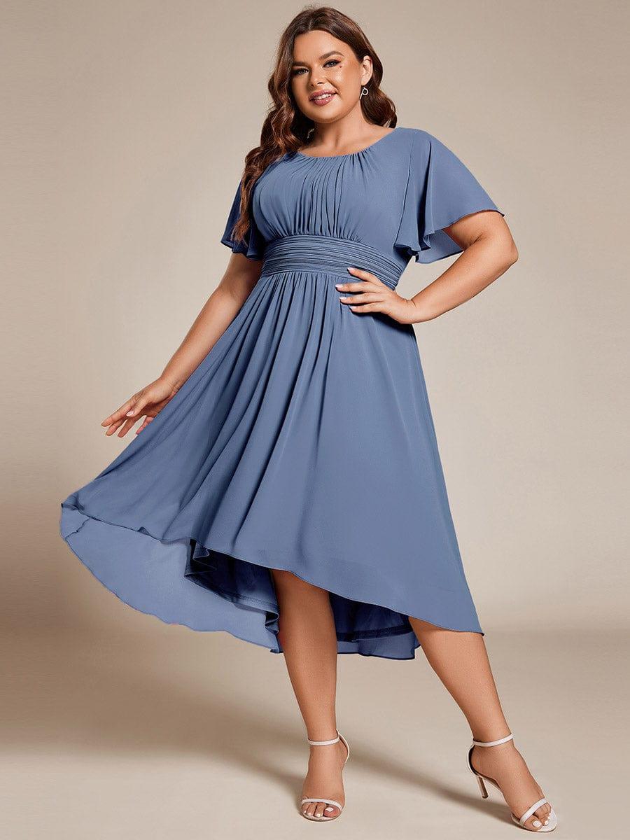 Flowy Chiffon Round Neckline A-Line Knee Length Bridesmaid Dress #color_Dusty Blue