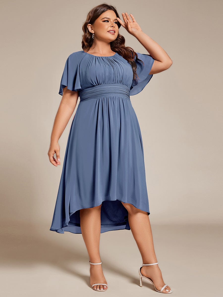 Plus Size Pleated Round Neckline A-Line Midi Chiffon Wedding Guest Dress #color_Dusty Blue