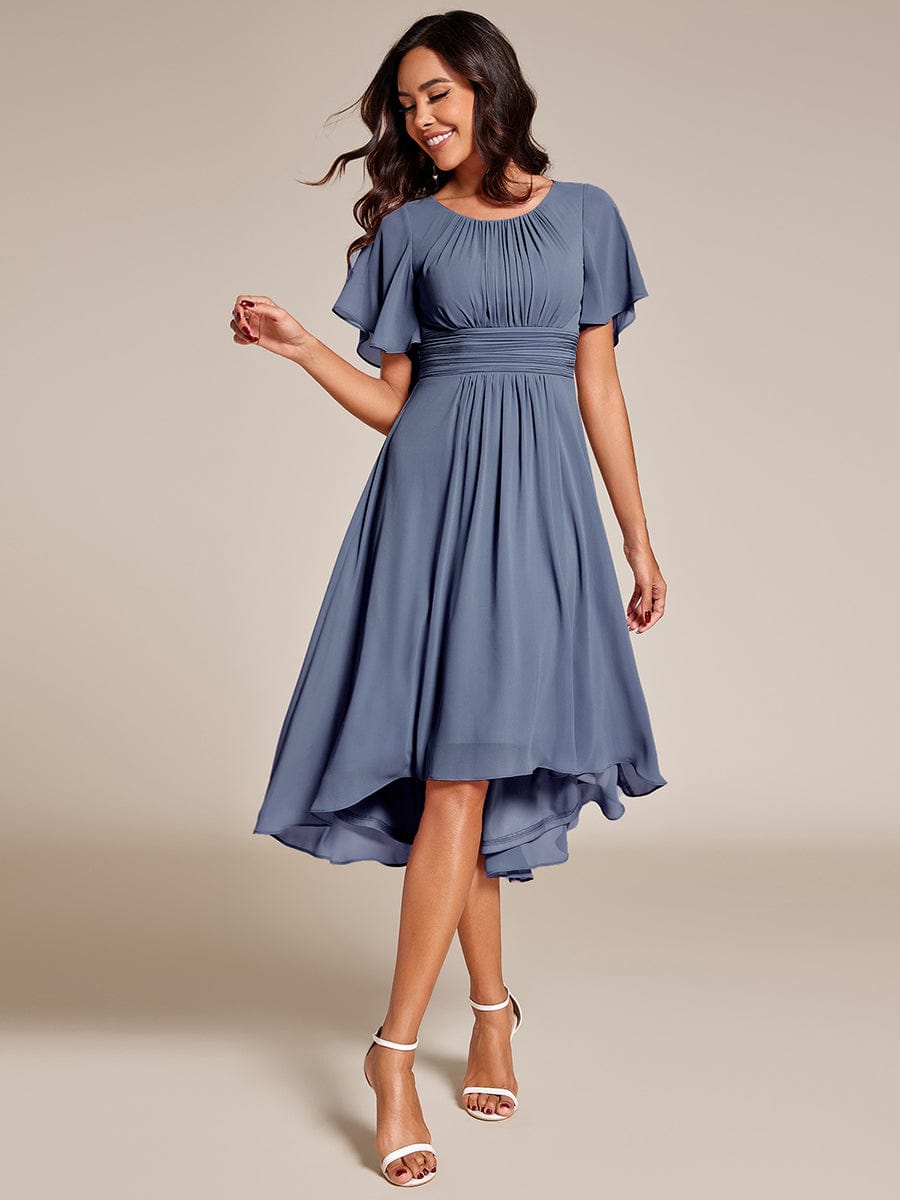 Flowy Chiffon Round Neckline A-Line Knee Length Wedding Guest Dress #color_Dusty Navy