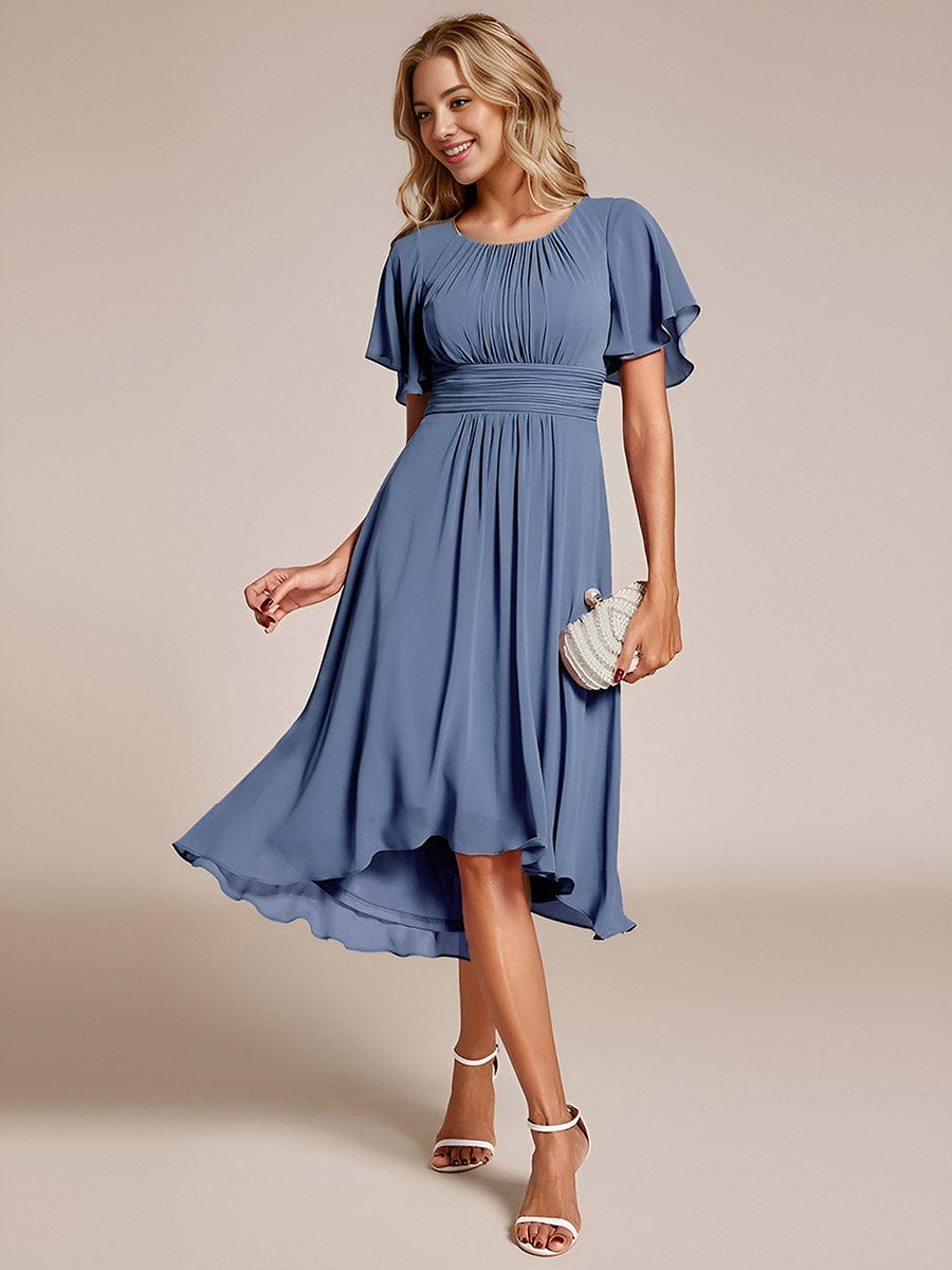 Flowy Chiffon Round Neckline A-Line Knee Length Wedding Guest Dress #color_Dusty Blue