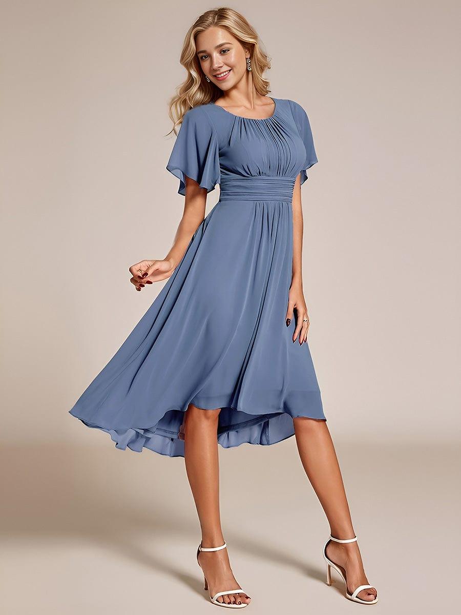 Flowy Chiffon Round Neckline A-Line Knee Length Bridesmaid Dress #color_Dusty Blue