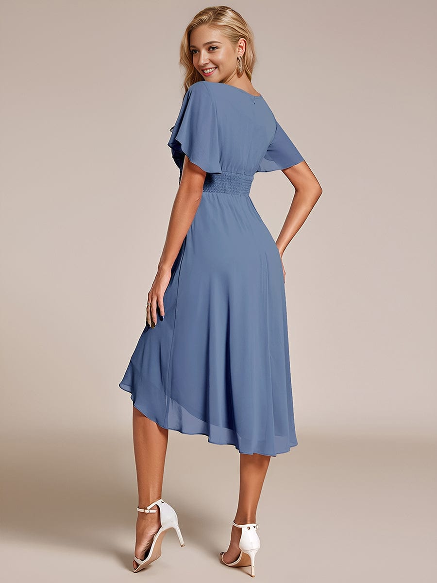 Flowy Chiffon Round Neckline A-Line Knee Length Wedding Guest Dress #color_Dusty Blue