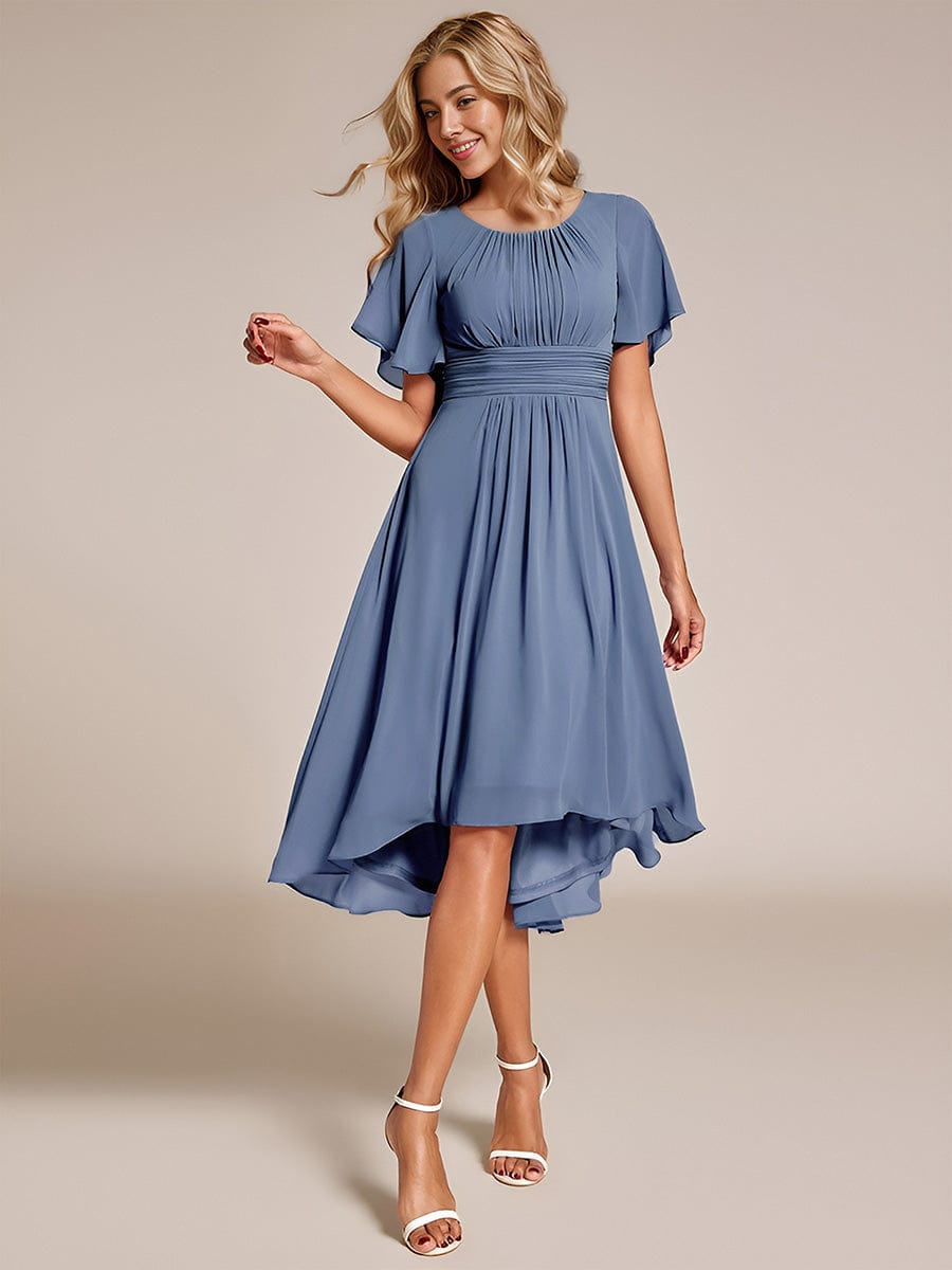 Flowy Chiffon Round Neckline A-Line Knee Length Wedding Guest Dress #color_Dusty Blue