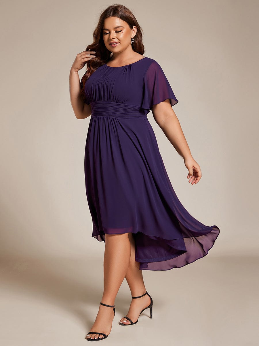 Plus Size Pleated Round Neckline A-Line Midi Chiffon Wedding Guest Dress #color_Dark Purple