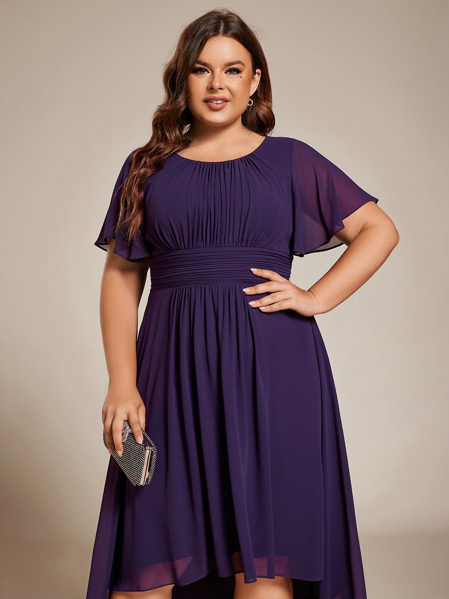 Flowy Chiffon Round Neckline A-Line Knee Length Wedding Guest Dress #color_Dark Purple