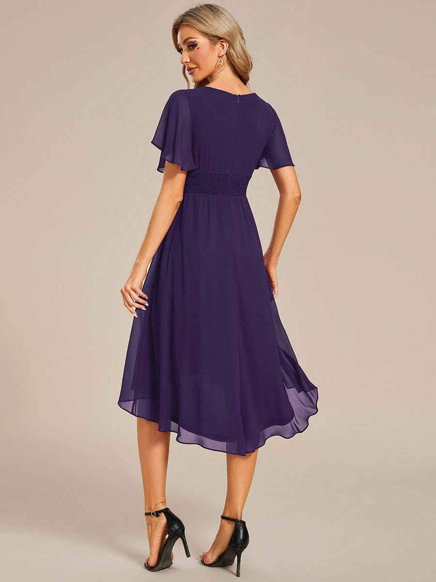 Flowy Chiffon Round Neckline A-Line Knee Length Wedding Guest Dress #color_Dark Purple