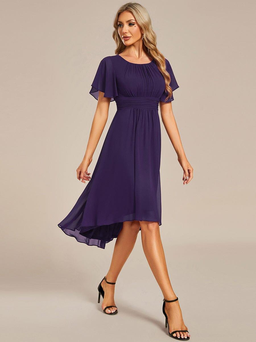 Flowy Chiffon Round Neckline A-Line Knee Length Bridesmaid Dress #color_Dark Purple