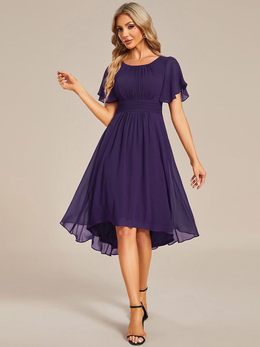 Flowy Chiffon Round Neckline A-Line Knee Length Bridesmaid Dress #color_Dark Purple