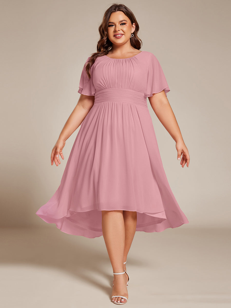 Flowy Chiffon Round Neckline A-Line Knee Length Wedding Guest Dress #color_Dusty Rose