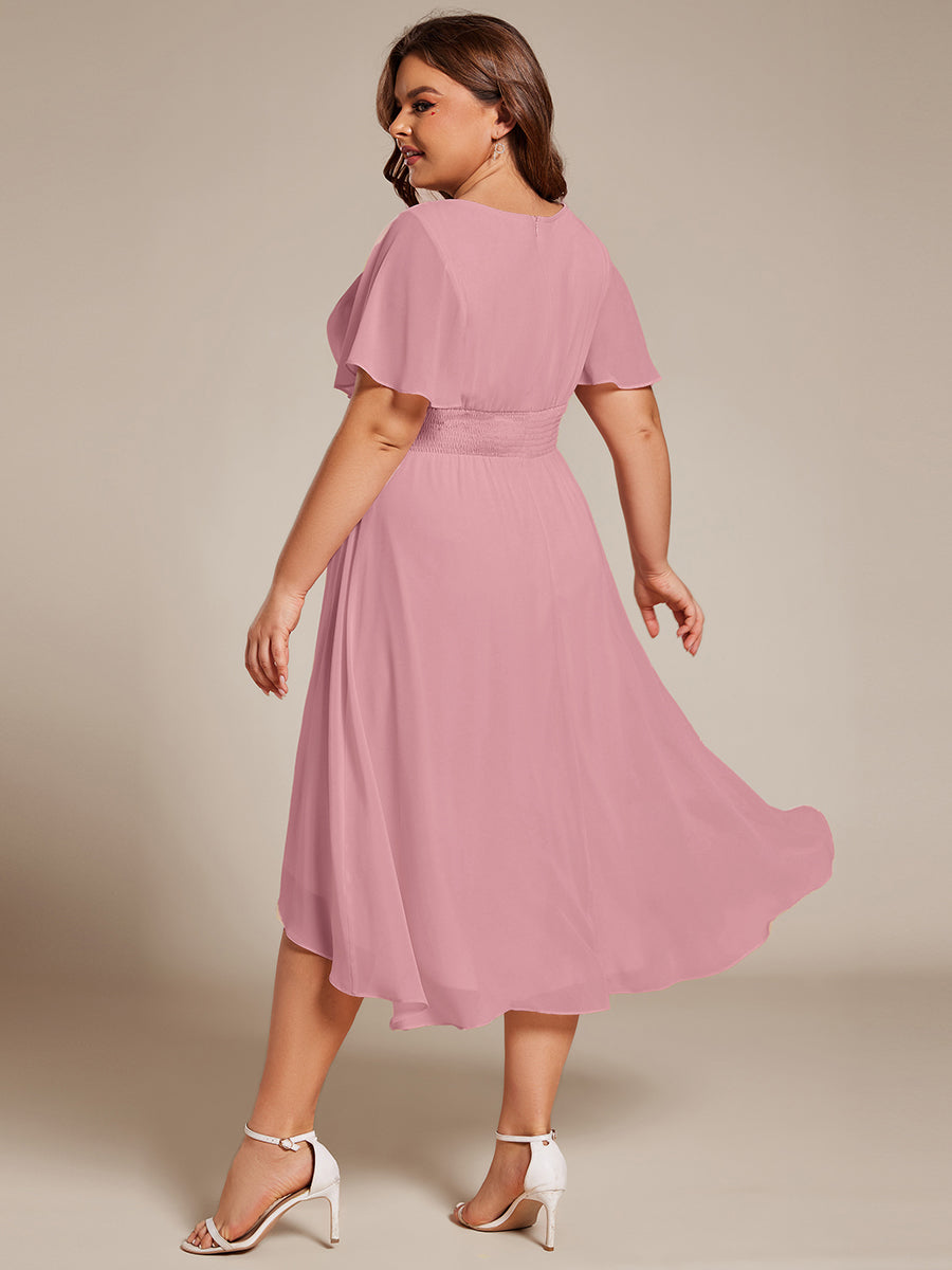 Flowy Chiffon Round Neckline A-Line Knee Length Wedding Guest Dress #color_Dusty Rose