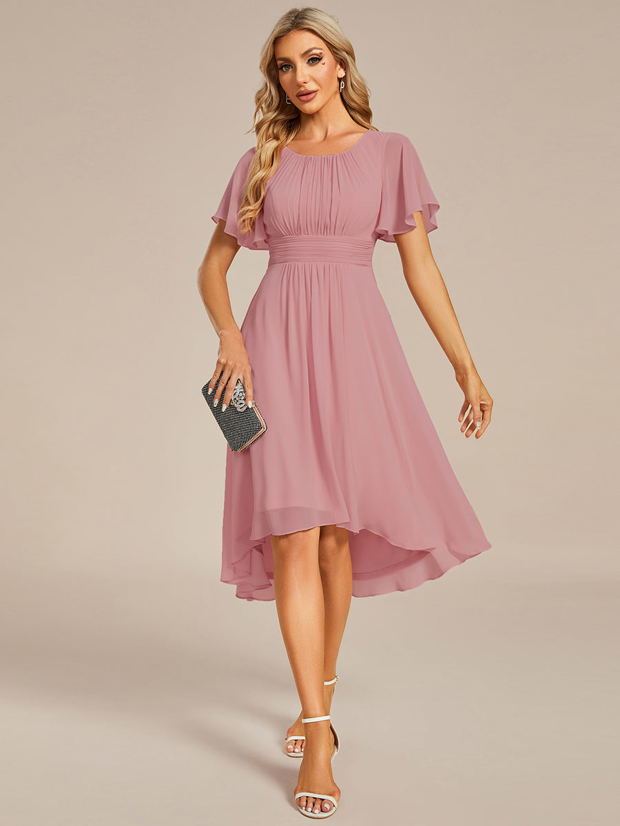 Flowy Chiffon Round Neckline A-Line Knee Length Wedding Guest Dress #color_Dusty Rose