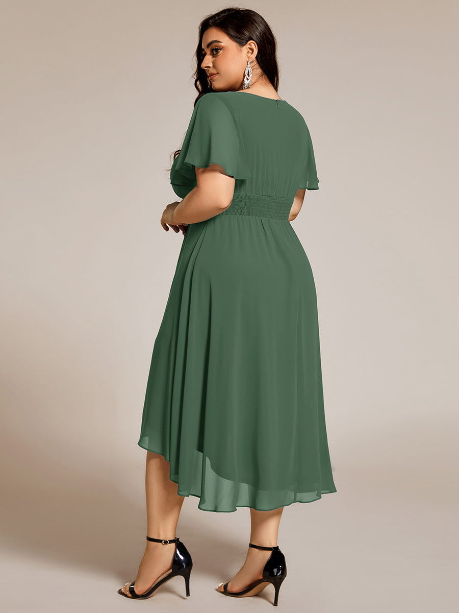 Plus Size Pleated Round Neckline A-Line Midi Chiffon Wedding Guest Dress #color_Eucalyptus