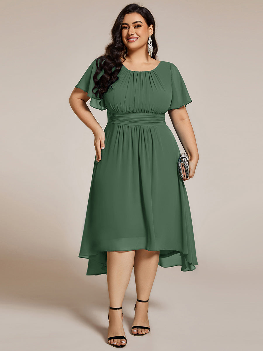 Plus Size Pleated Round Neckline A-Line Midi Chiffon Wedding Guest Dress #color_Eucalyptus