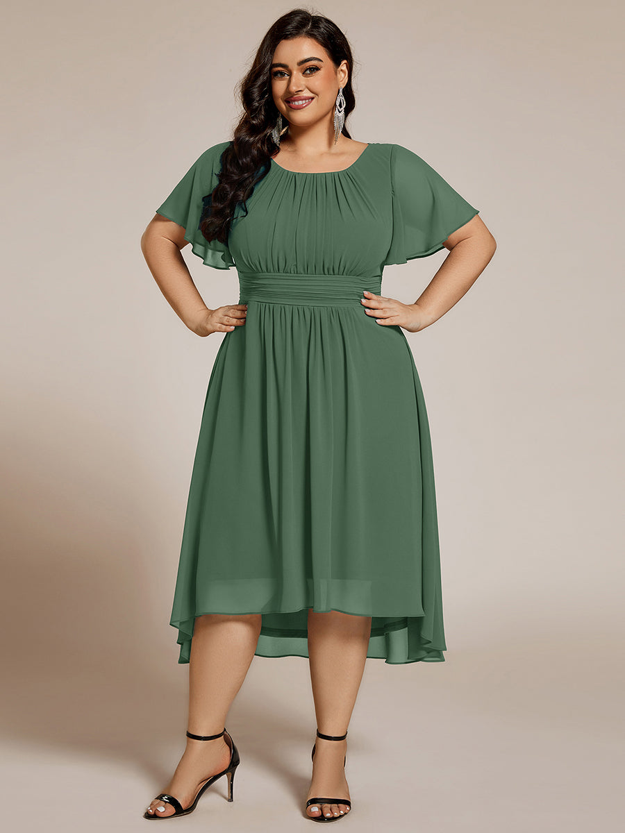 Plus Size Pleated Round Neckline A-Line Midi Chiffon Wedding Guest Dress #color_Eucalyptus