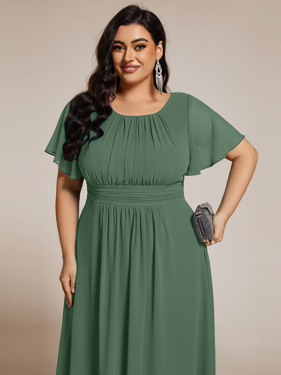 Plus Size Pleated Round Neckline A-Line Midi Chiffon Wedding Guest Dress #color_Eucalyptus