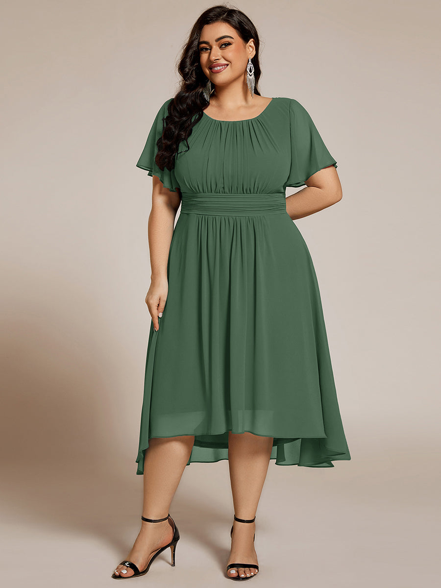 Plus Size Pleated Round Neckline A-Line Midi Chiffon Wedding Guest Dress #color_Eucalyptus