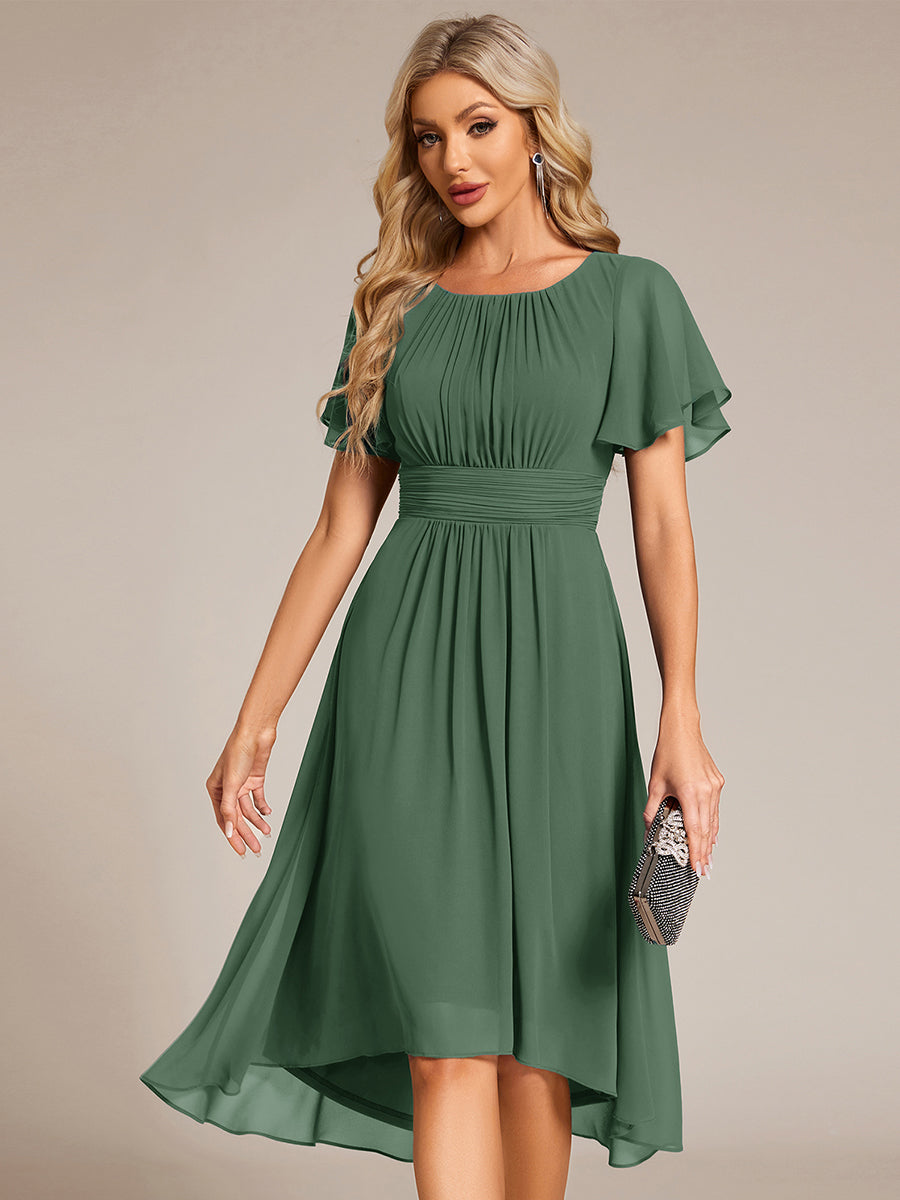 Flowy Chiffon Round Neckline A-Line Knee Length Wedding Guest Dress #color_Eucalyptus