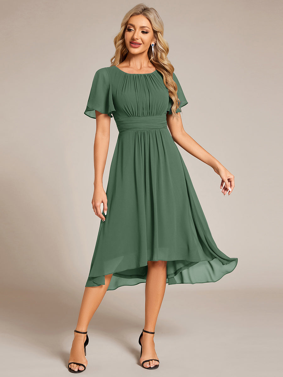 Flowy Chiffon Round Neckline A-Line Knee Length Wedding Guest Dress #color_Eucalyptus