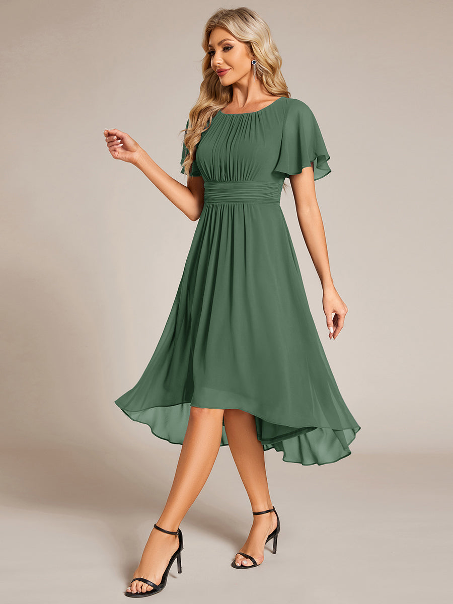 Flowy Chiffon Round Neckline A-Line Knee Length Wedding Guest Dress #color_Eucalyptus