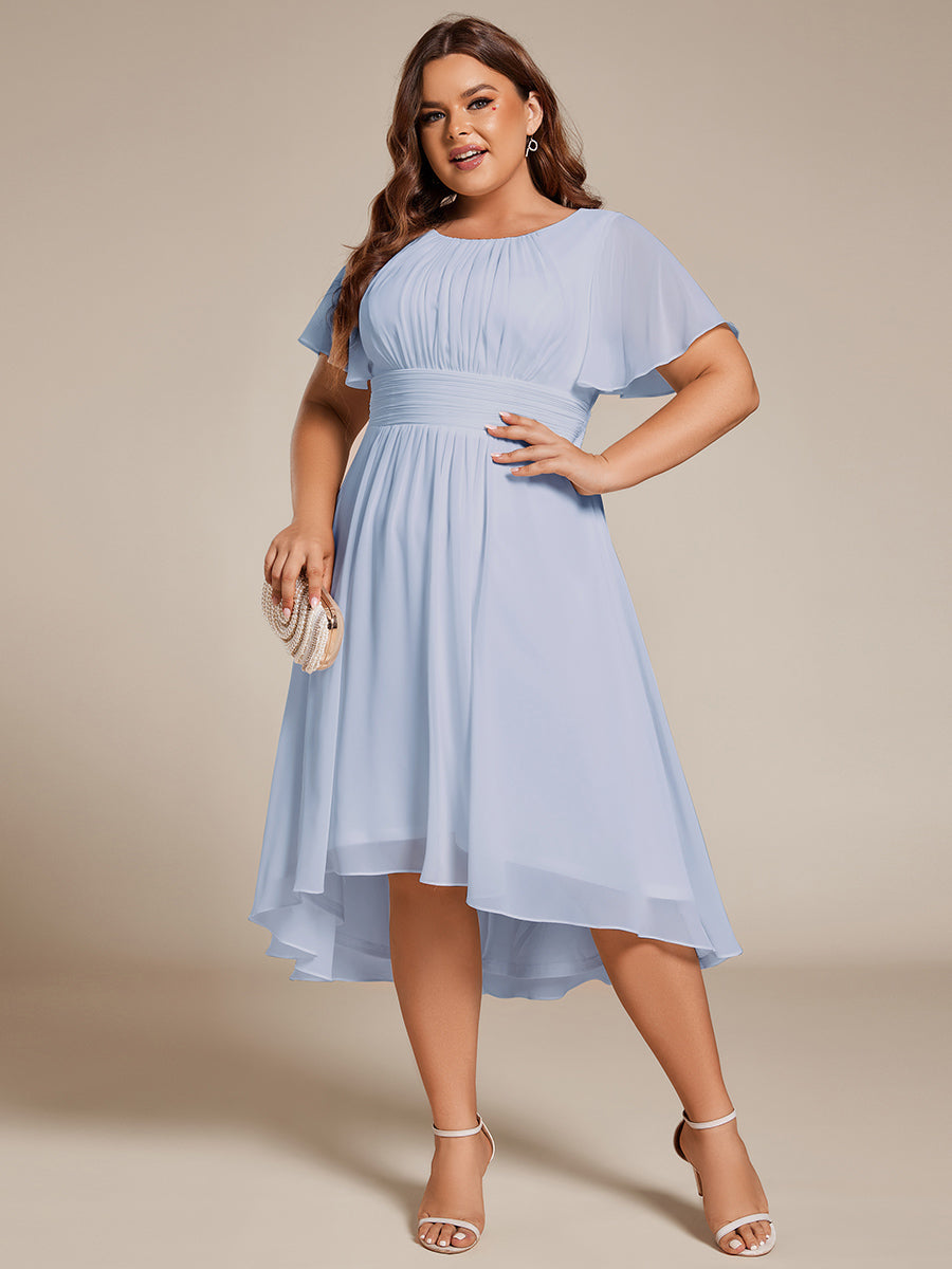 Plus Size Pleated Round Neckline A-Line Midi Chiffon Wedding Guest Dress #color_Ice Blue