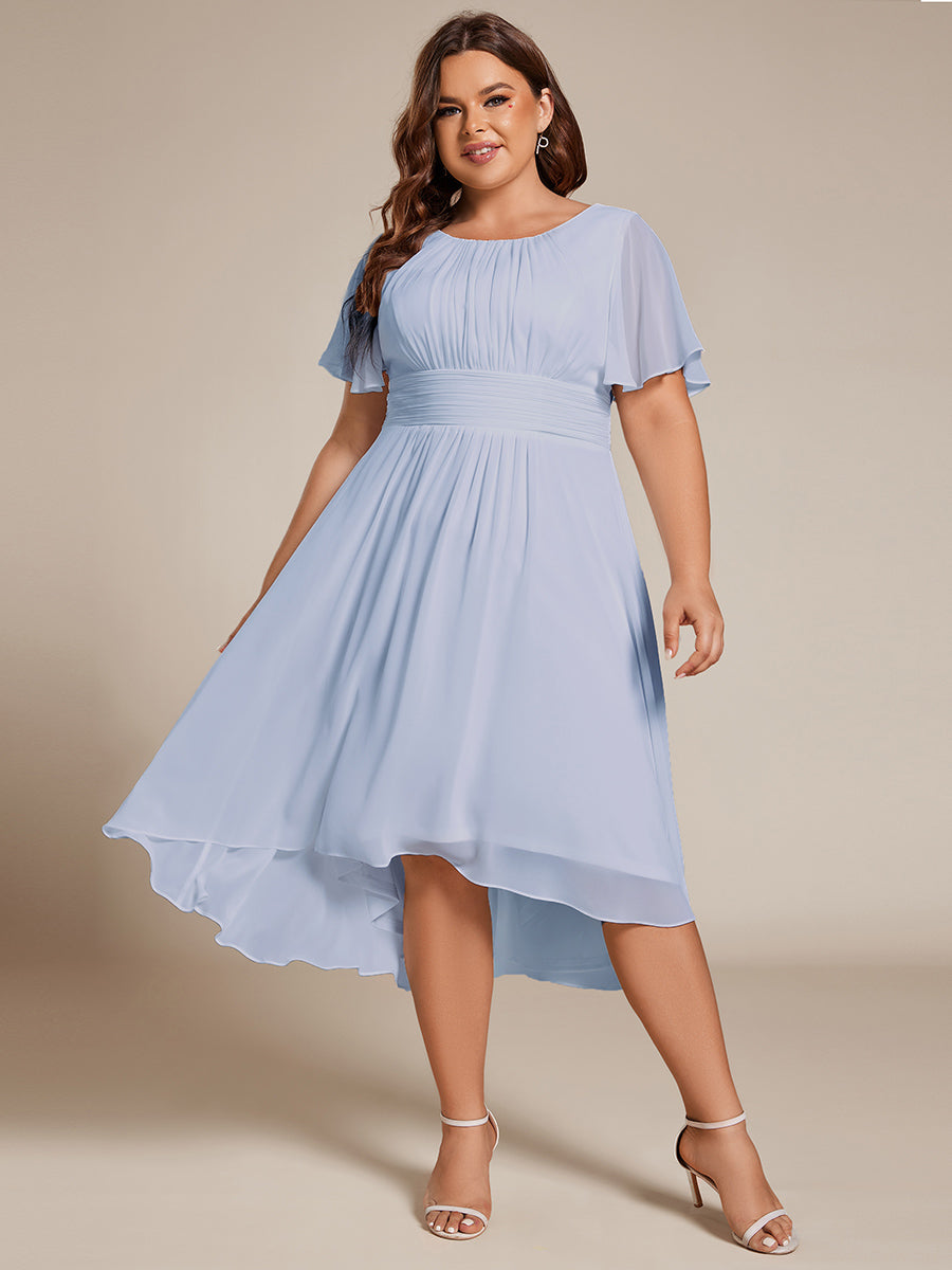 Plus Size Pleated Round Neckline A-Line Midi Chiffon Wedding Guest Dress #color_Ice Blue