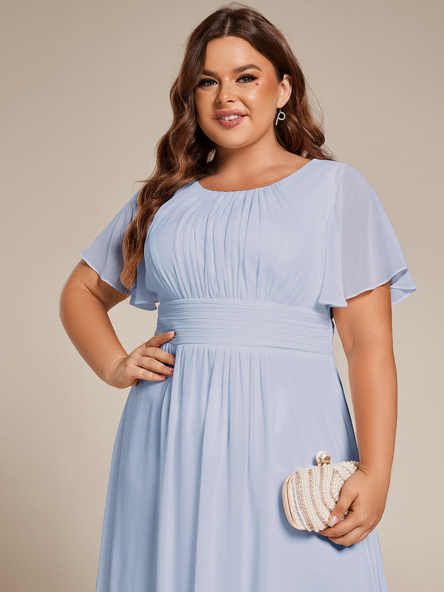 Plus Size Pleated Round Neckline A-Line Midi Chiffon Wedding Guest Dress #color_Ice Blue