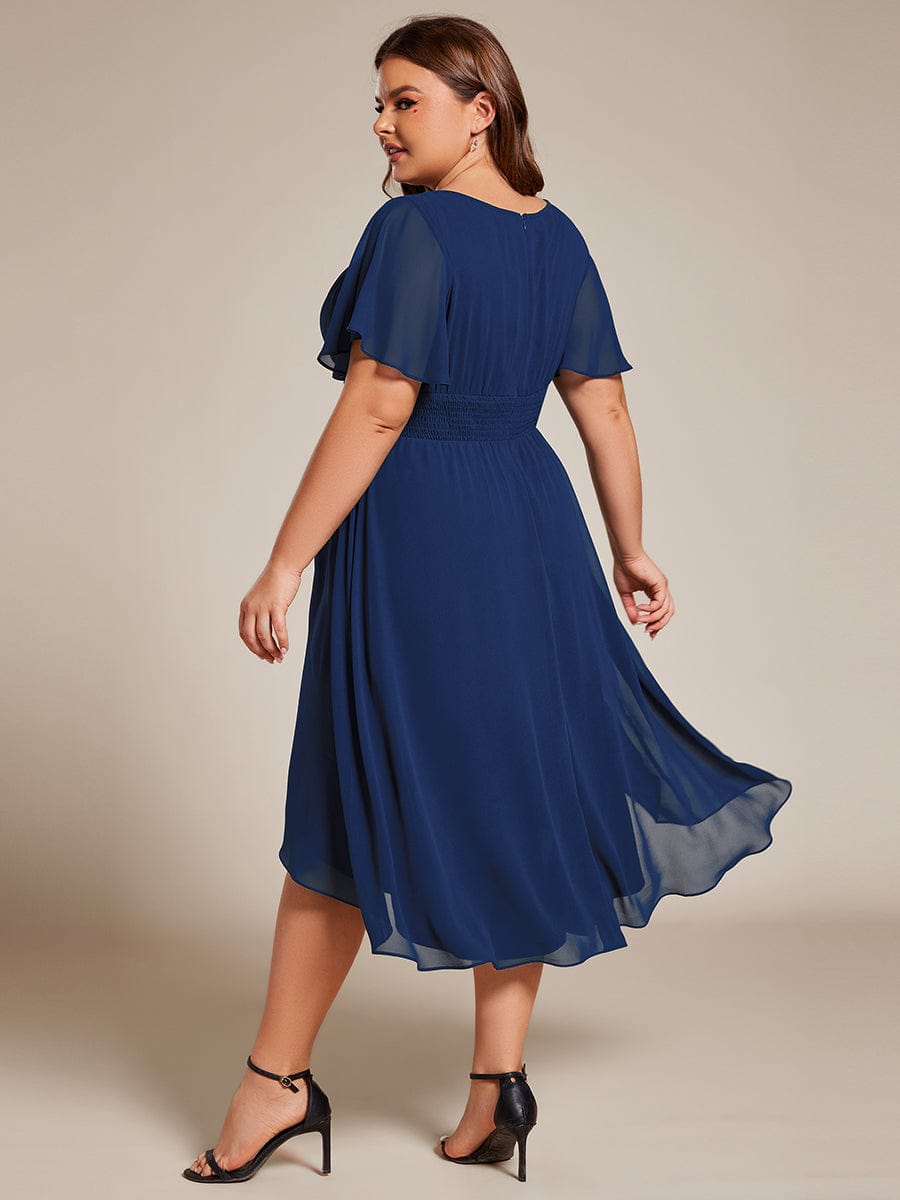 Plus Size Pleated Round Neckline A-Line Midi Chiffon Wedding Guest Dress #color_Navy Blue