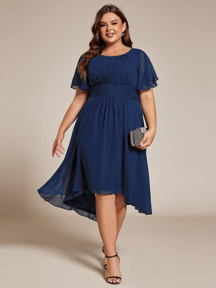 Flowy Chiffon Round Neckline A-Line Knee Length Bridesmaid Dress #color_Navy Blue