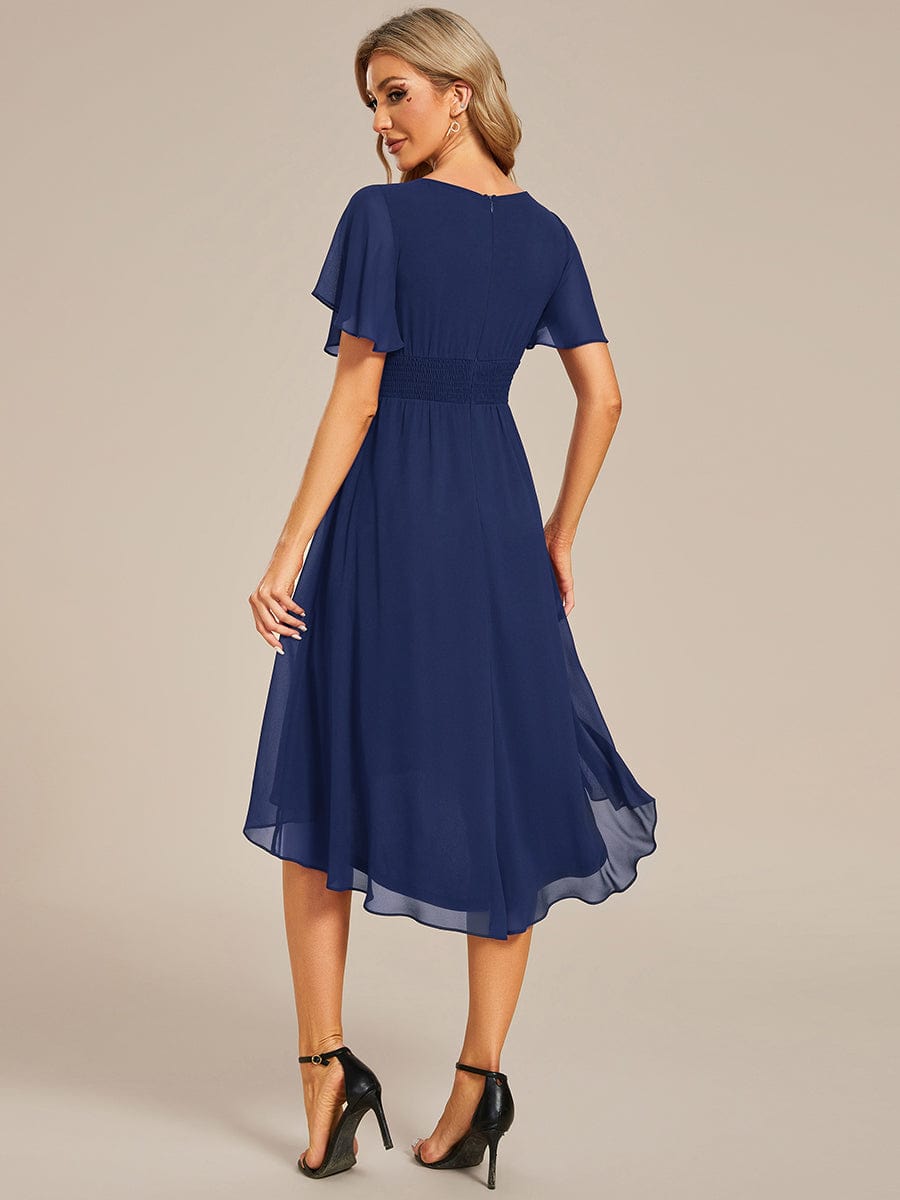 Flowy Chiffon Round Neckline A-Line Knee Length Wedding Guest Dress #color_Navy Blue