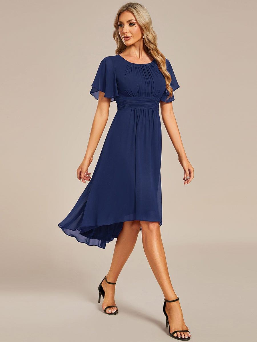 Flowy Chiffon Round Neckline A-Line Knee Length Bridesmaid Dress #color_Navy Blue