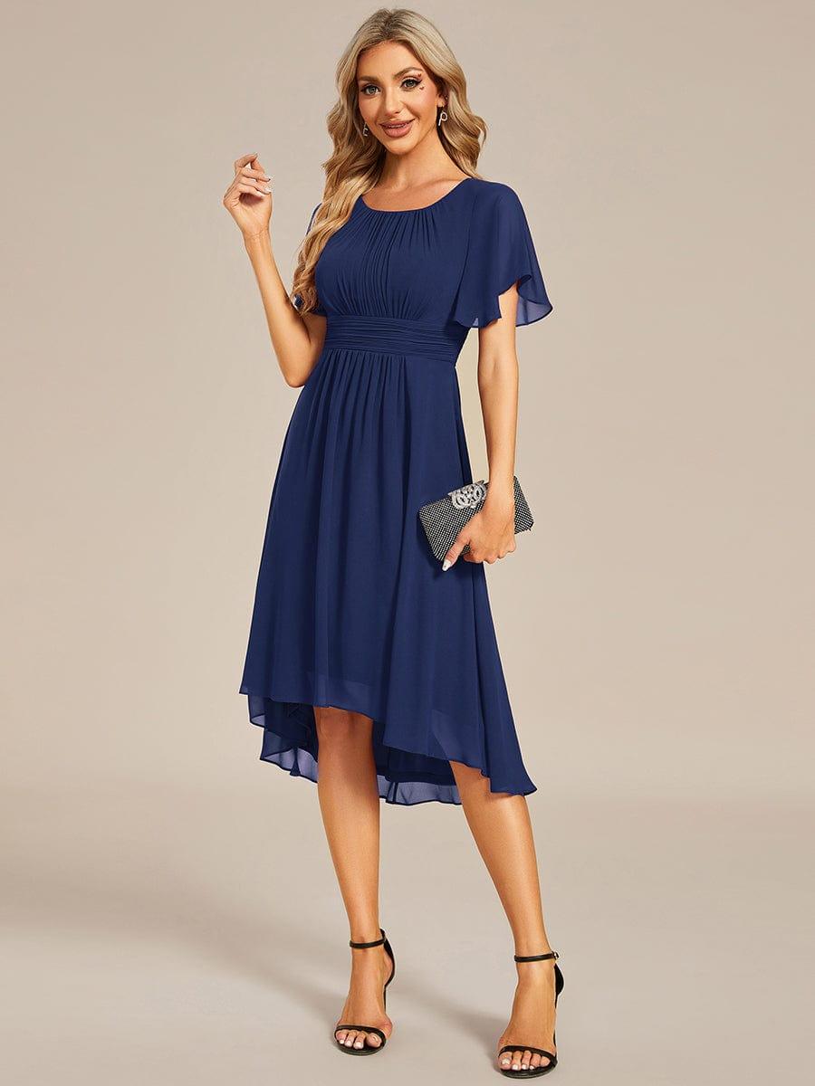 Flowy Chiffon Round Neckline A-Line Knee Length Bridesmaid Dress #color_Navy Blue