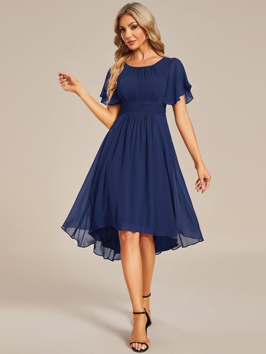 Flowy Chiffon Round Neckline A-Line Knee Length Bridesmaid Dress #color_Navy Blue