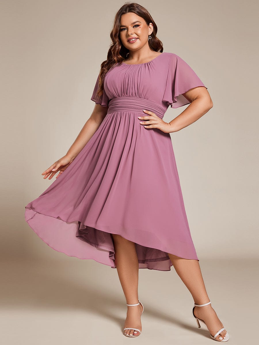 Plus Size Pleated Round Neckline A-Line Midi Chiffon Wedding Guest Dress #color_Purple Orchid