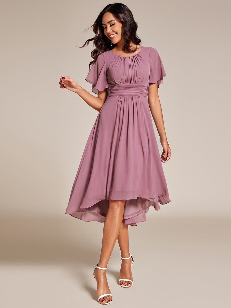 Flowy Chiffon Round Neckline A-Line Knee Length Wedding Guest Dress #color_Purple Orchid