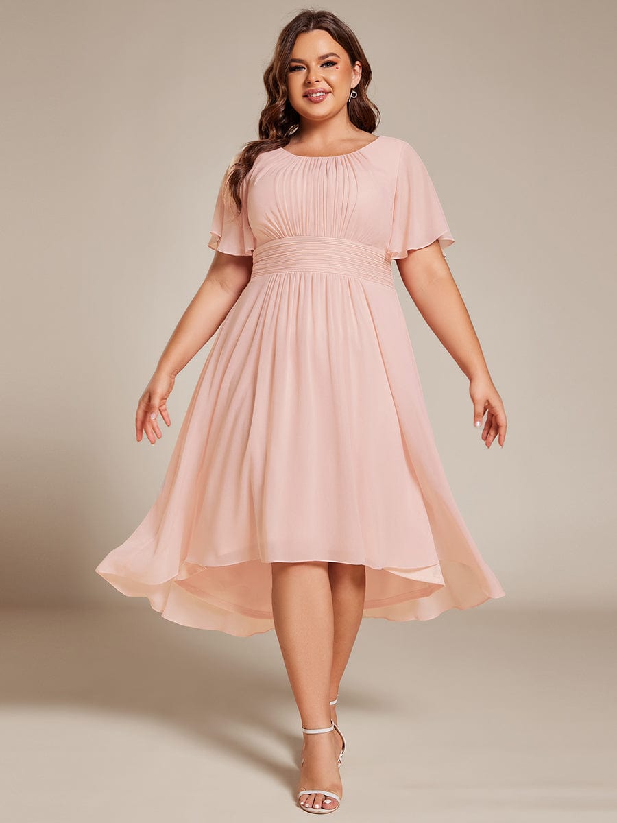 Flowy Chiffon Round Neckline A-Line Knee Length Wedding Guest Dress #color_Pink